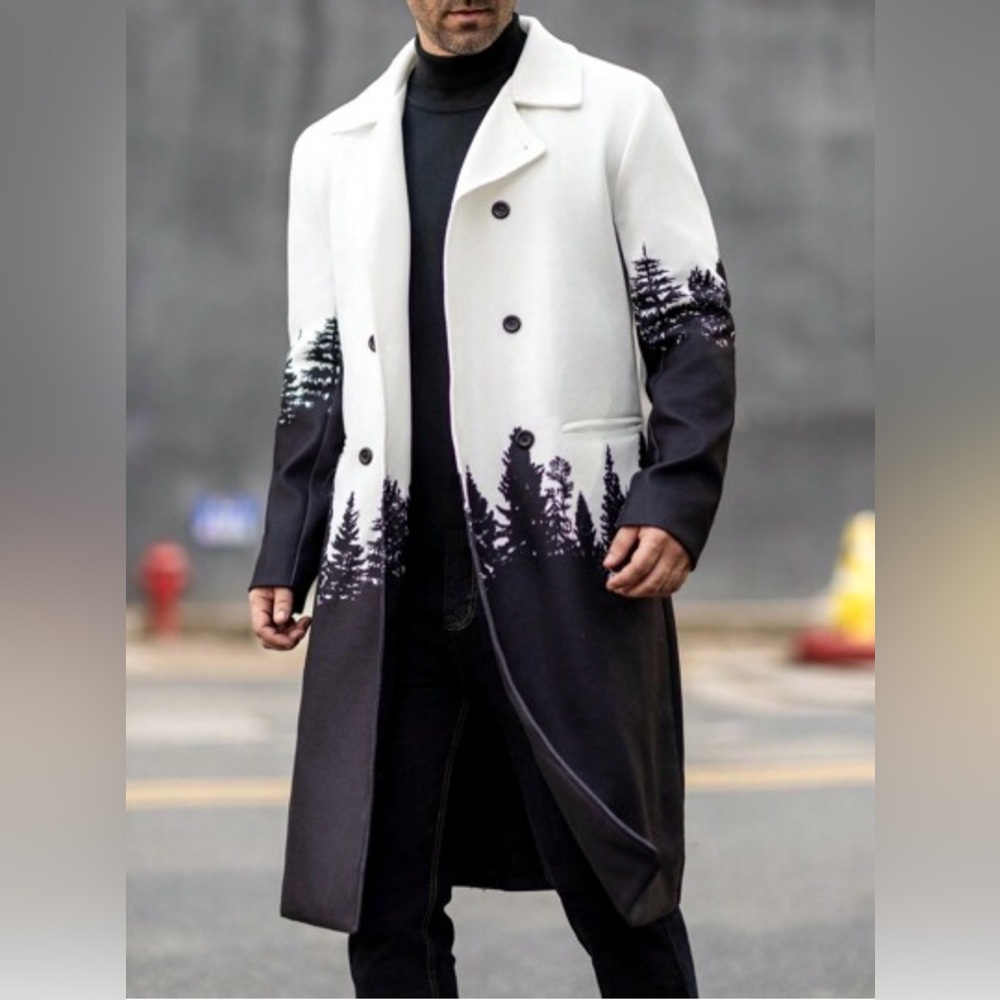 Manfinity Men's Double Breasted Coat White Black Forest Print Size L NWOT Fall